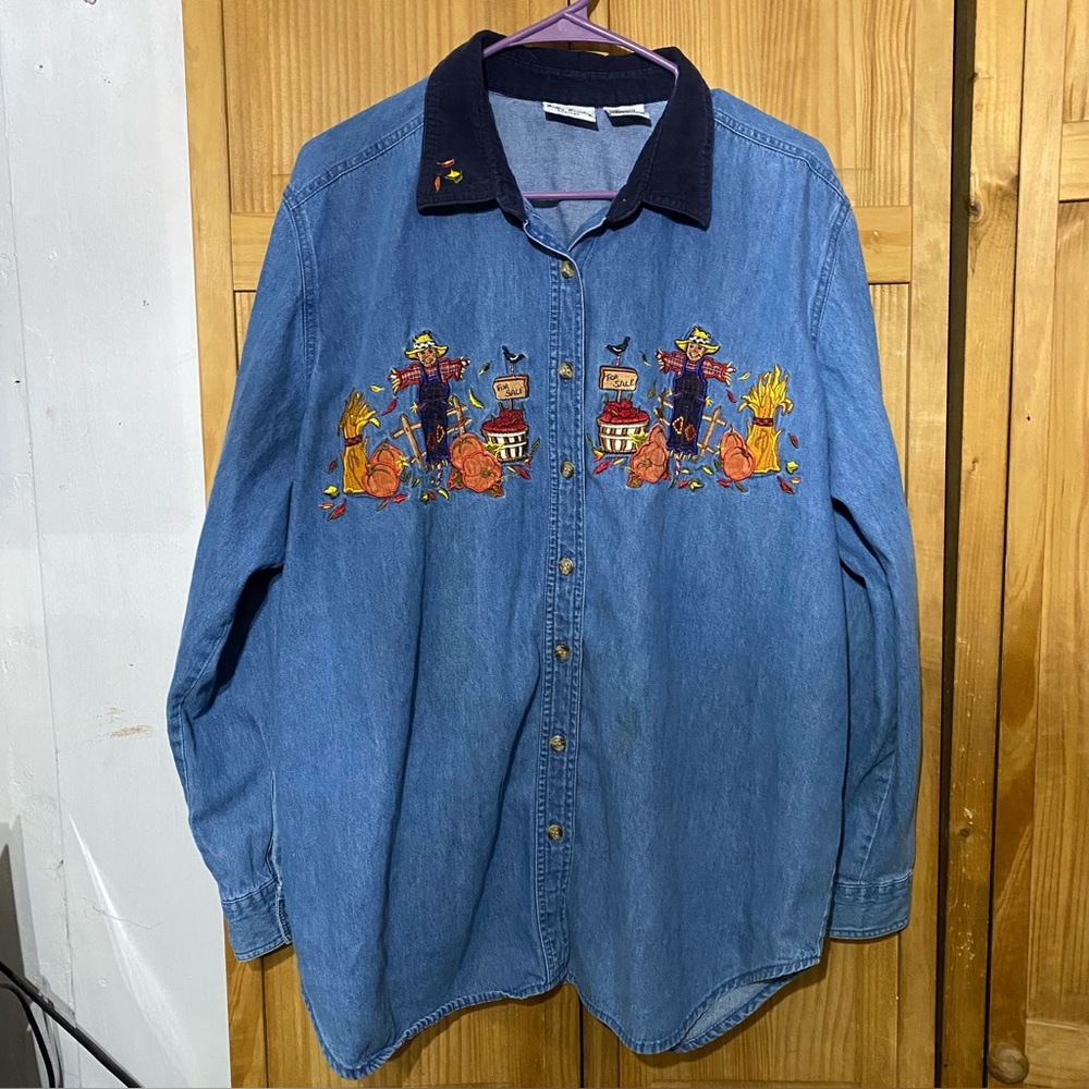 🍂Bobbie Brooks, Sz 18W/20W, Scarecrow Pumpkin Patch, Denim, Button Up Top